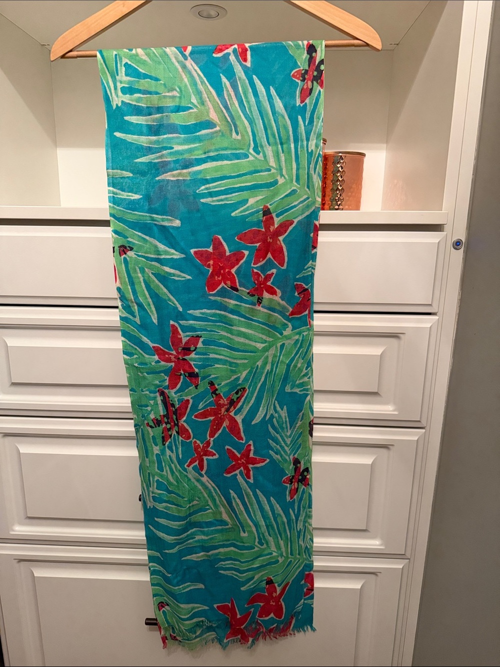 Lilly Pulitzer Turquoise Scarf with Red Floral & Green Palm Print